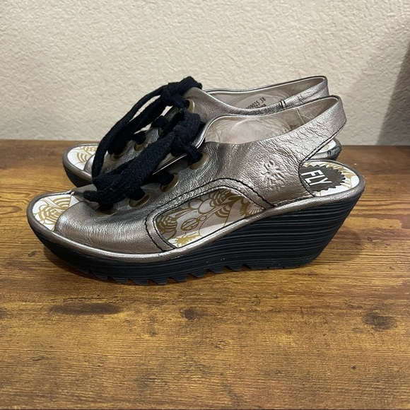 Fly London Ylva Wedge Lace-Up Mettalic Leather Sandal Shoe 38 7-7.5 Boho Grunge - Picture 6 of 11